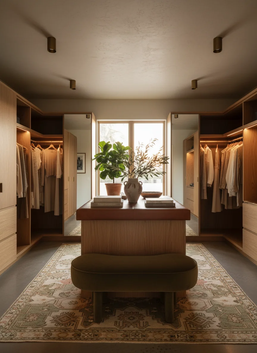 Custom rift oak walk-in closet with brass rod and central island