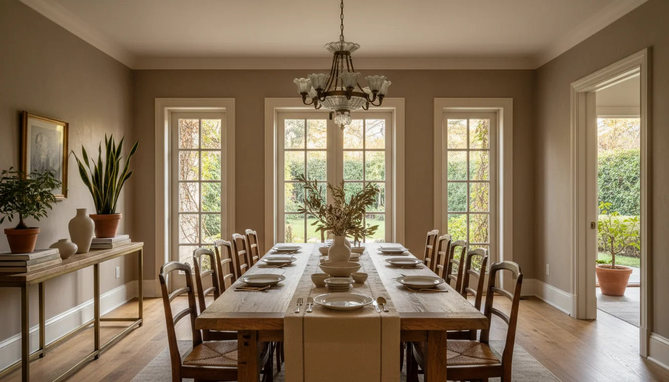 Formal dining room with long reclaimed French oak table and vintage Murano chandelier