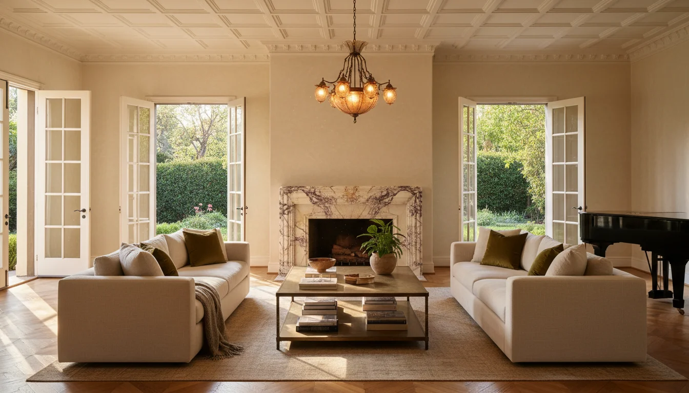 Grand 1928 Atherton estate living room with Calacatta Viola fireplace, vintage Murano chandelier, and reclaimed French oak parquet