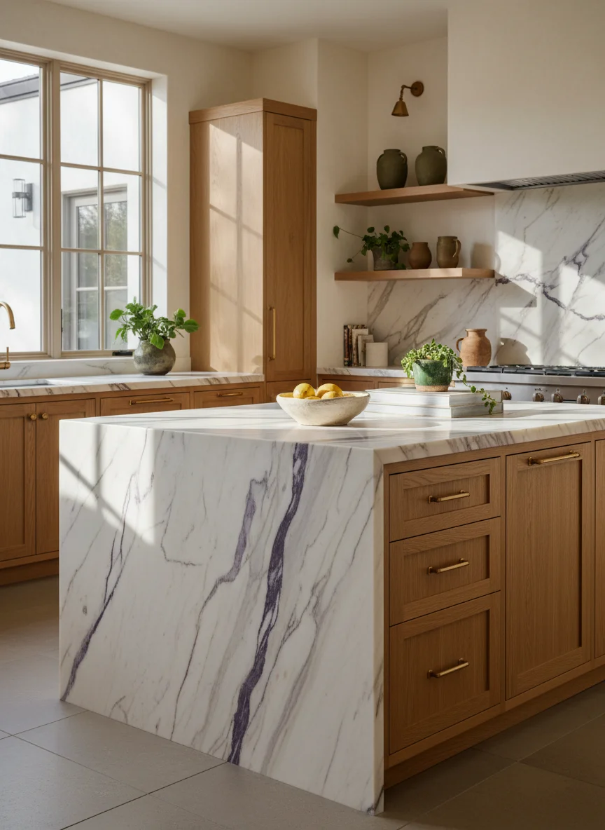 Calacatta Viola marble waterfall island with rift oak cabinetry and unlacquered brass hardware