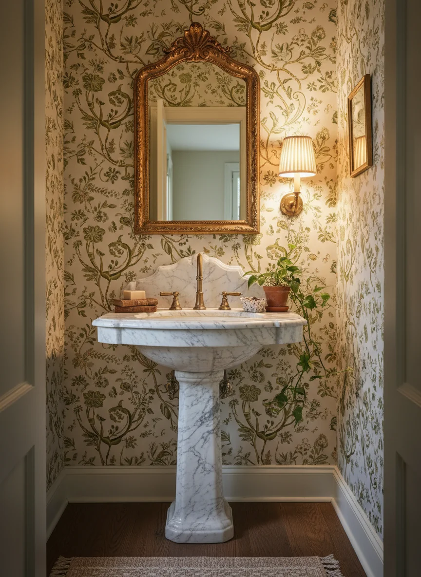 Jewel-box powder bath with hand-painted wallpaper and vintage marble pedestal sink