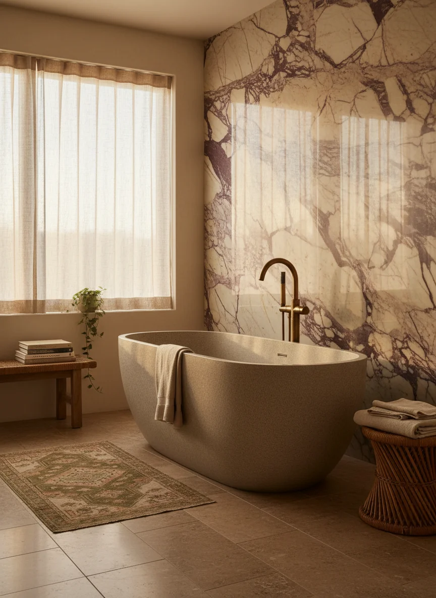 Primary bath with freestanding stone tub and Calacatta Viola slab walls