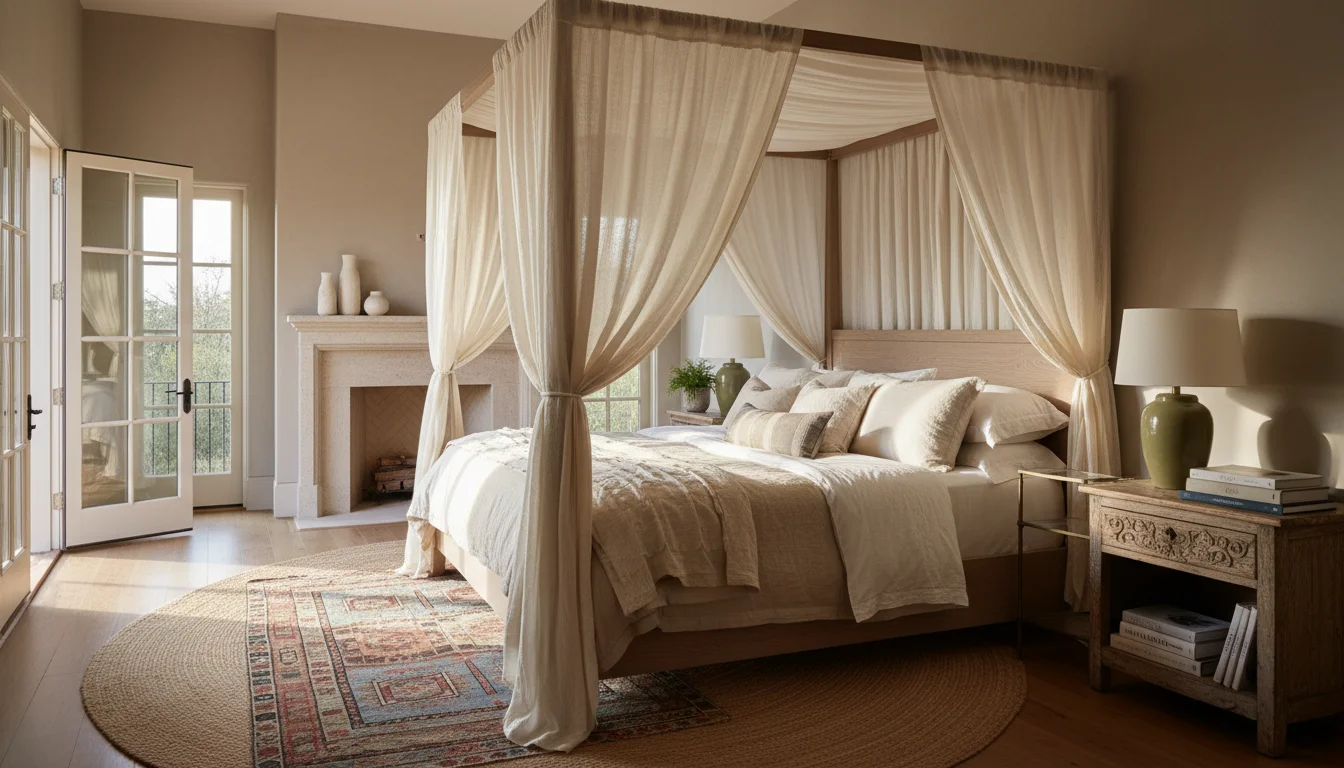 Primary bedroom with four-poster oak bed, linen canopy, and layered cream bedding