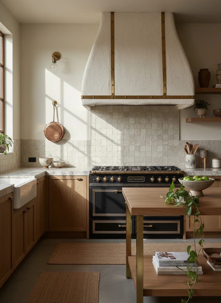 Custom plaster range hood with brass strapping above a black and brass La Cornue range
