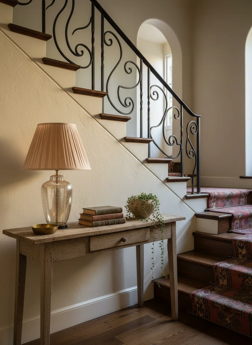 Entry stair with original oak treads, hand-forged iron railing, and vintage runner