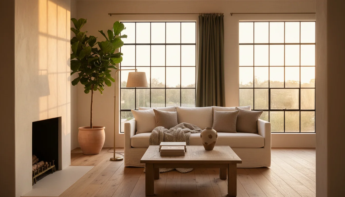 A warm-lit transitional living room at golden hour, evening light through tall windows, layered neutral textiles