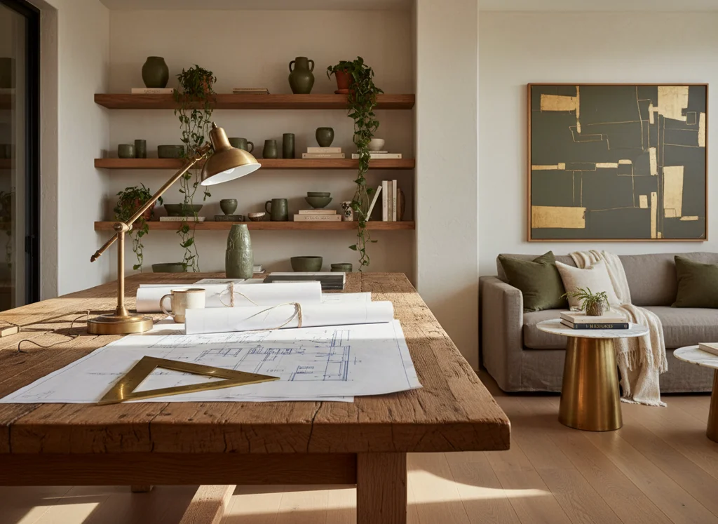 Architectural drawings on an oak studio table with brass triangle and drafting lamp