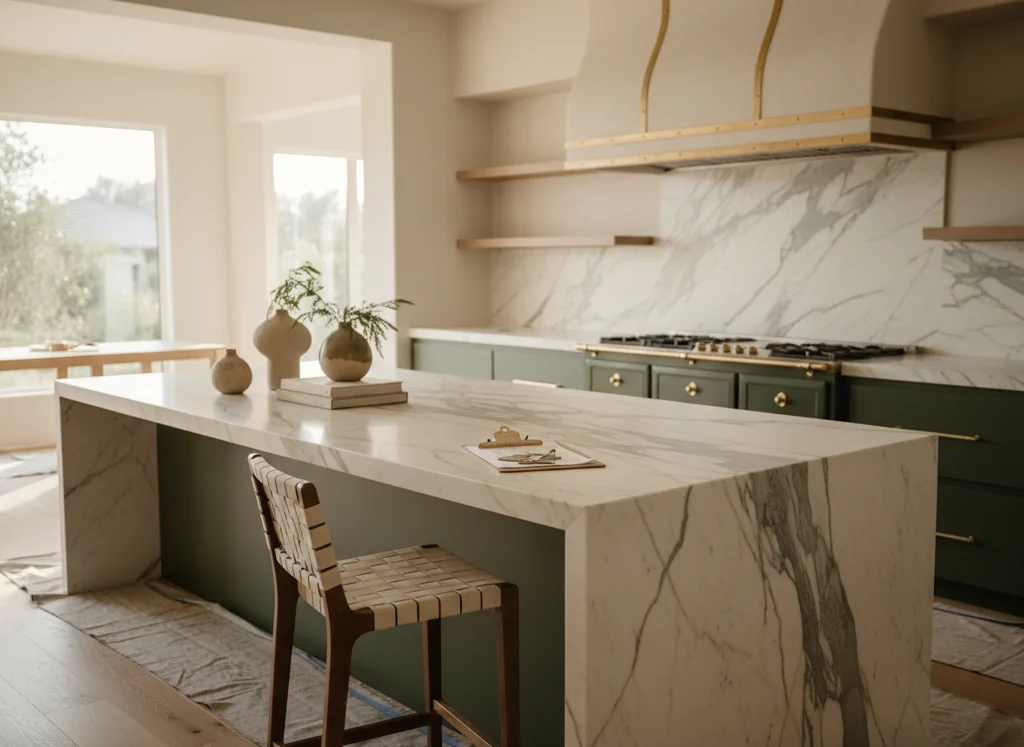 Kitchen during finishing stages with marble island and drop cloths