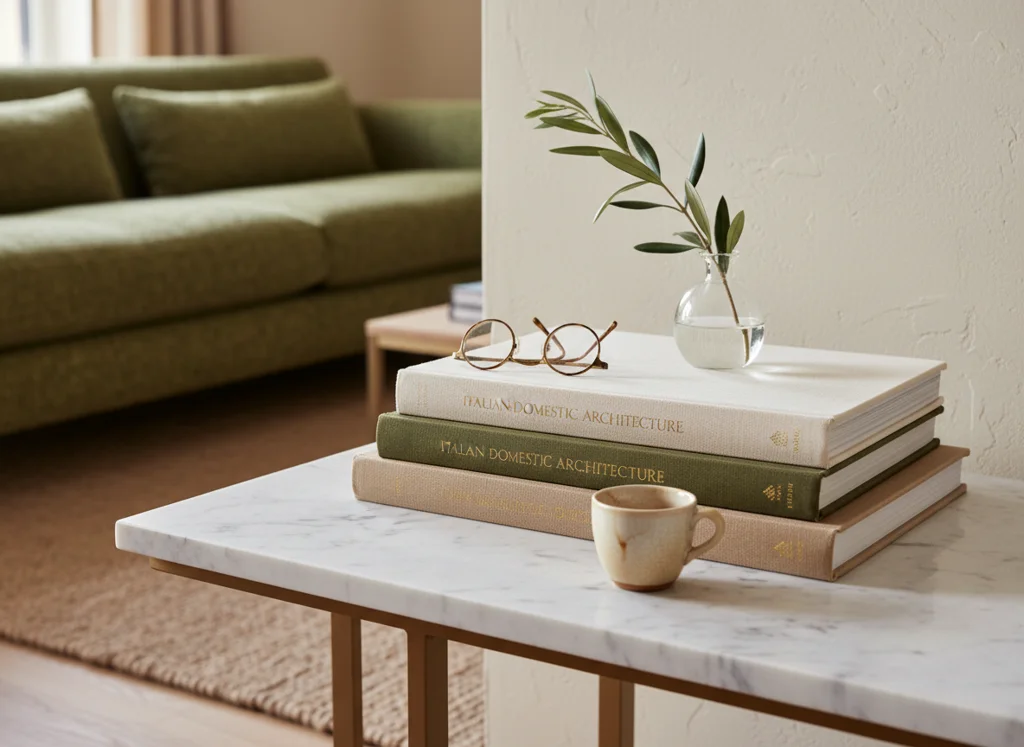 Three hardcover books on Italian domestic architecture stacked on a marble side table