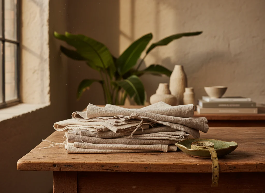 Folded natural linen fabrics on a worn oak studio table