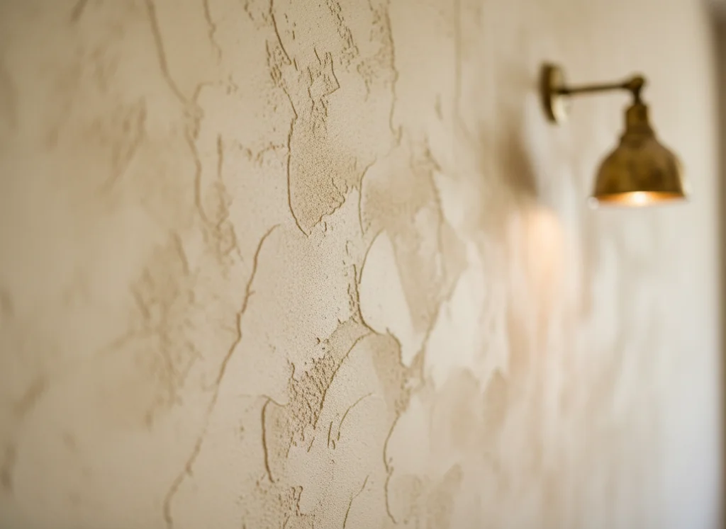 Close-up of hand-troweled lime plaster wall in raking light