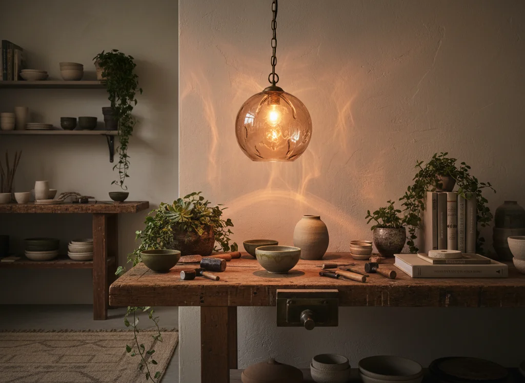 Vintage Murano glass pendant in smoky amber against a plaster wall
