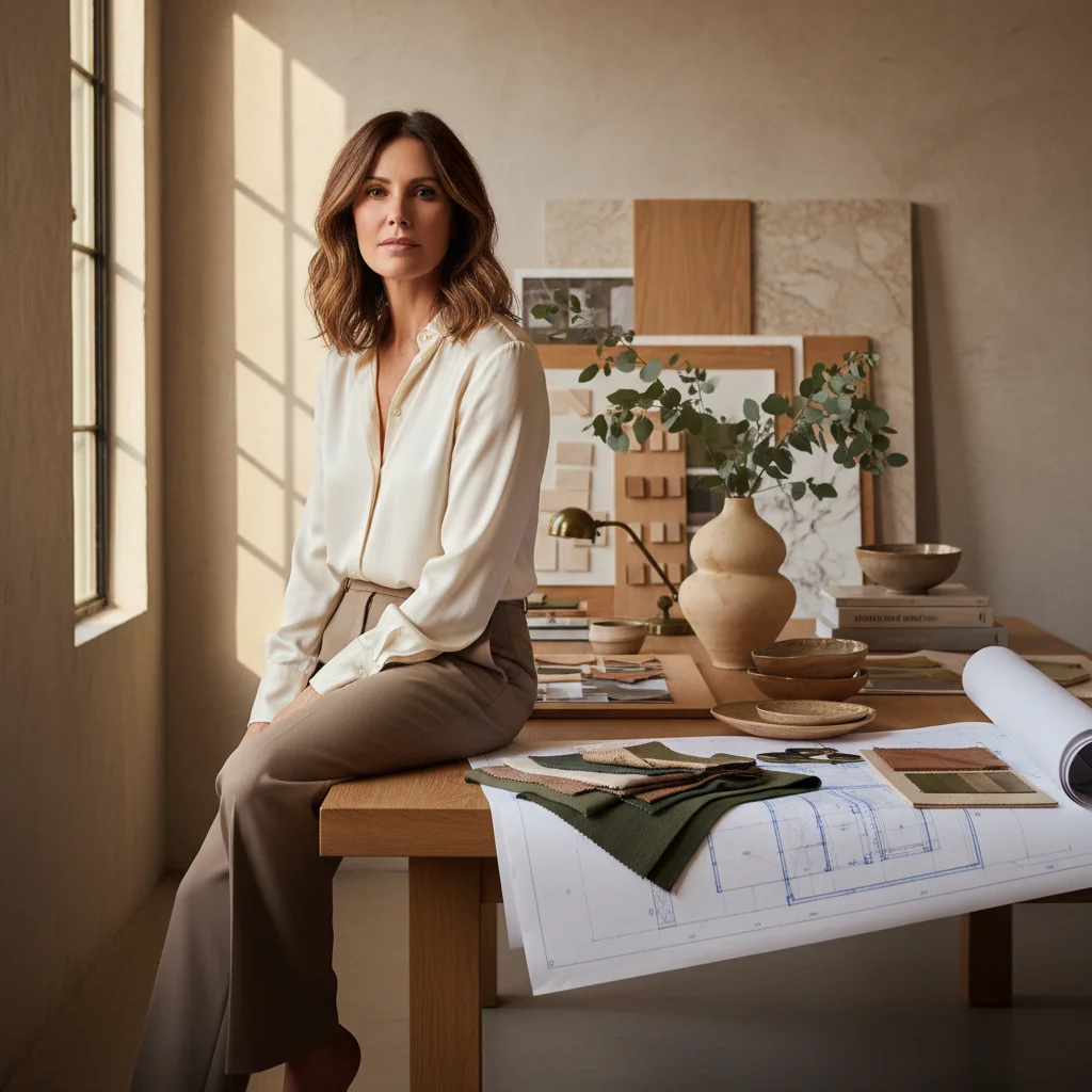 Margot Halford in her Los Altos studio, seated at an oak table covered with fabric swatches and drawings