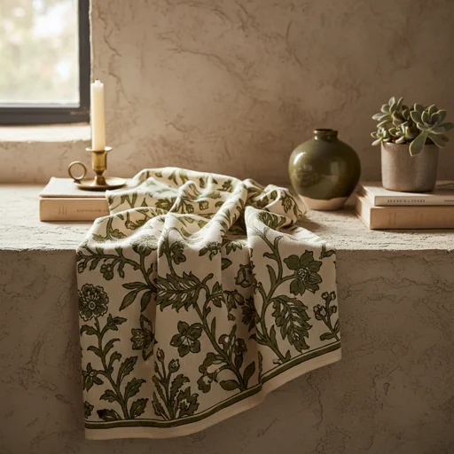 Folded block-print fabric in muted green and cream
