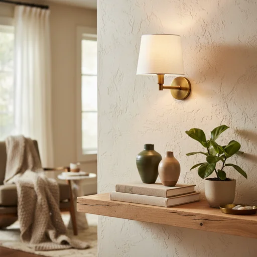 Aged brass library sconce with white linen shade