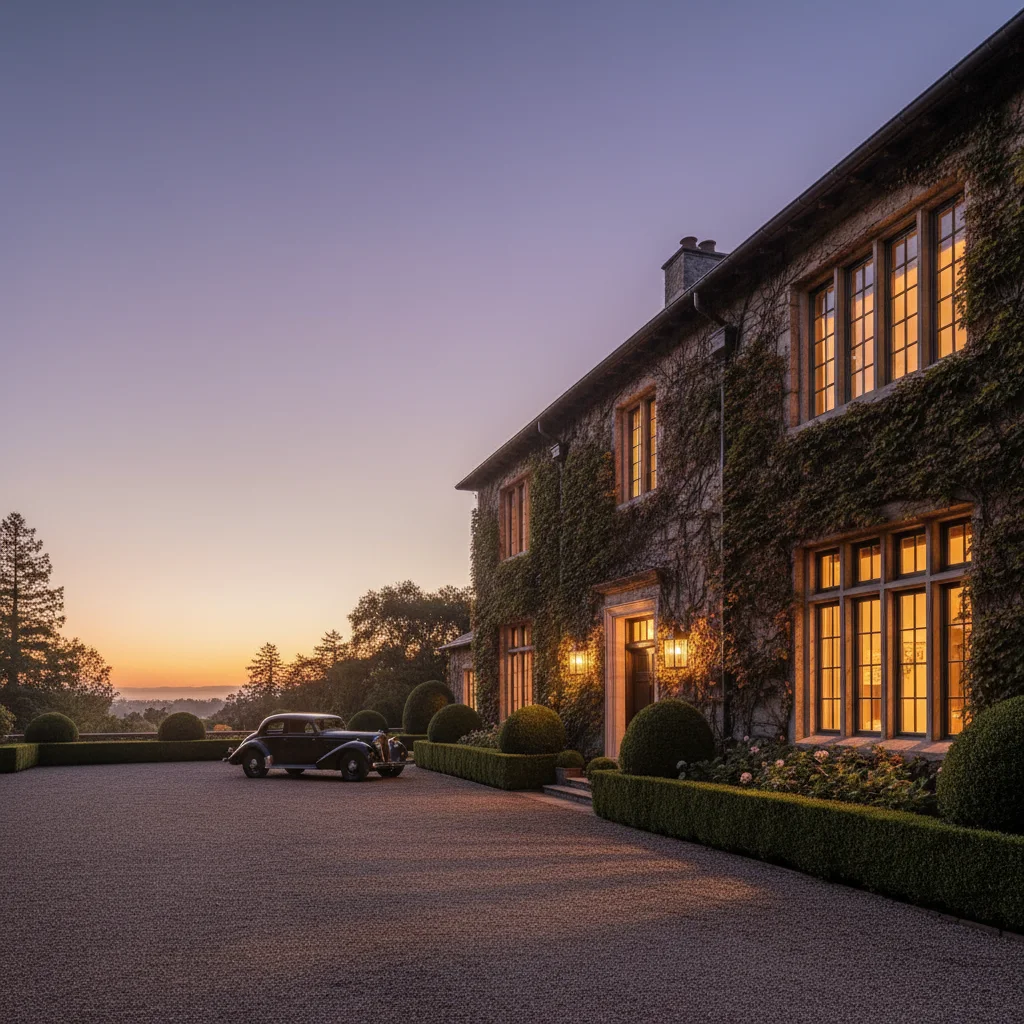 Atherton estate, ivy-covered stone facade at dusk with warm interior lights