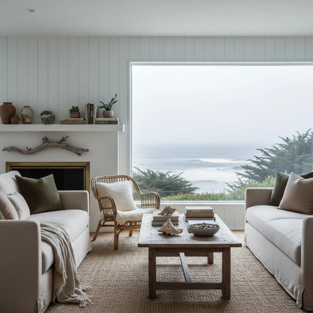 Carmel beach house living room with whitewashed walls and ocean view