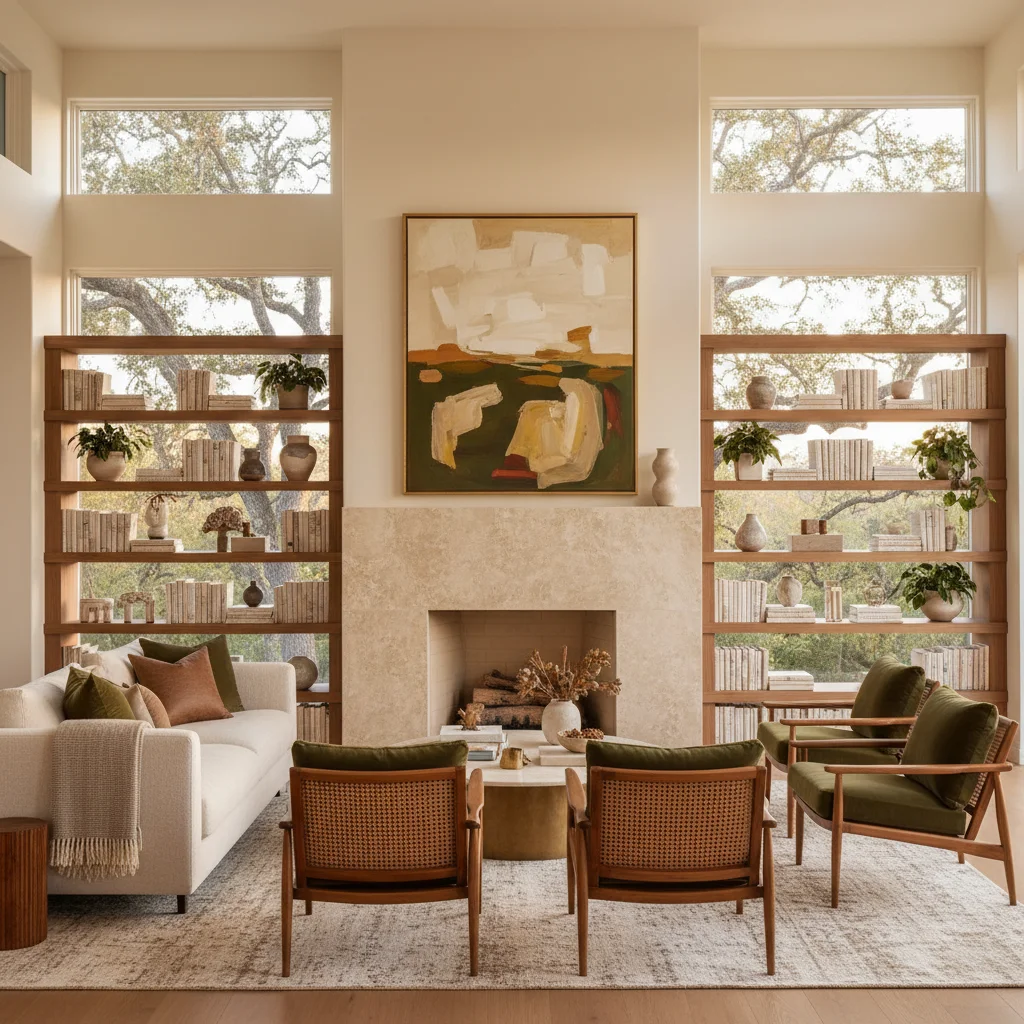 Warm modern living room with walnut built-ins and limestone fireplace