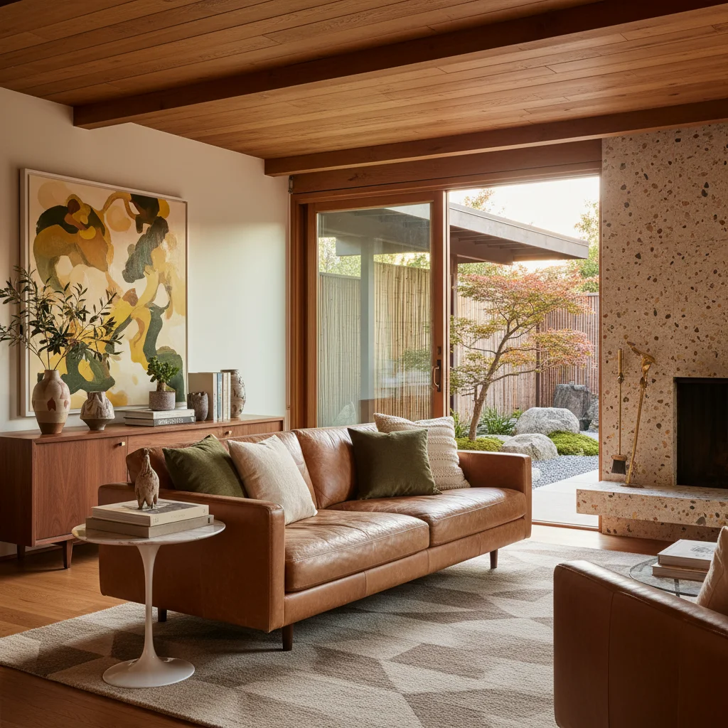 Mid-century living room with walnut credenza and tongue-and-groove ceiling