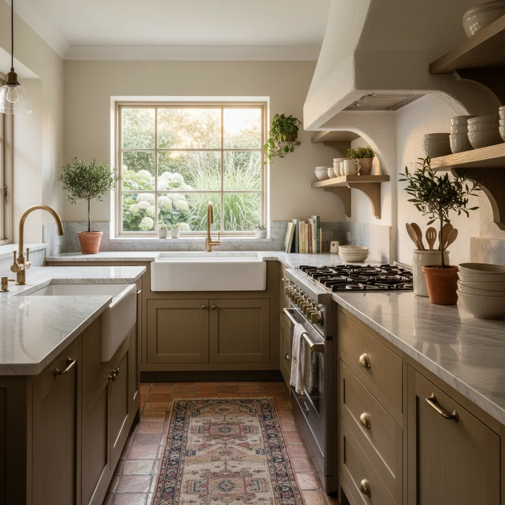 Sun-drenched cottage kitchen with white plaster range hood and brass faucet