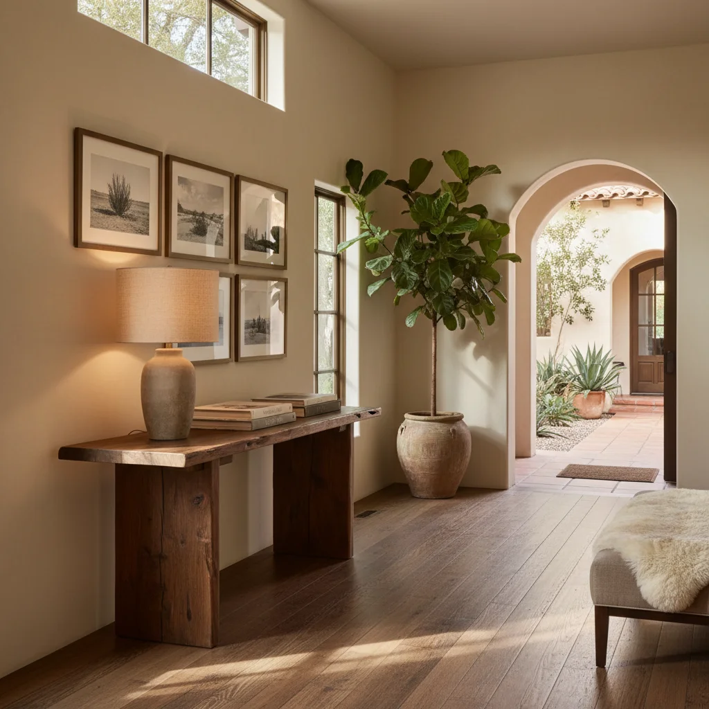 California ranch entry hall with reclaimed oak floors