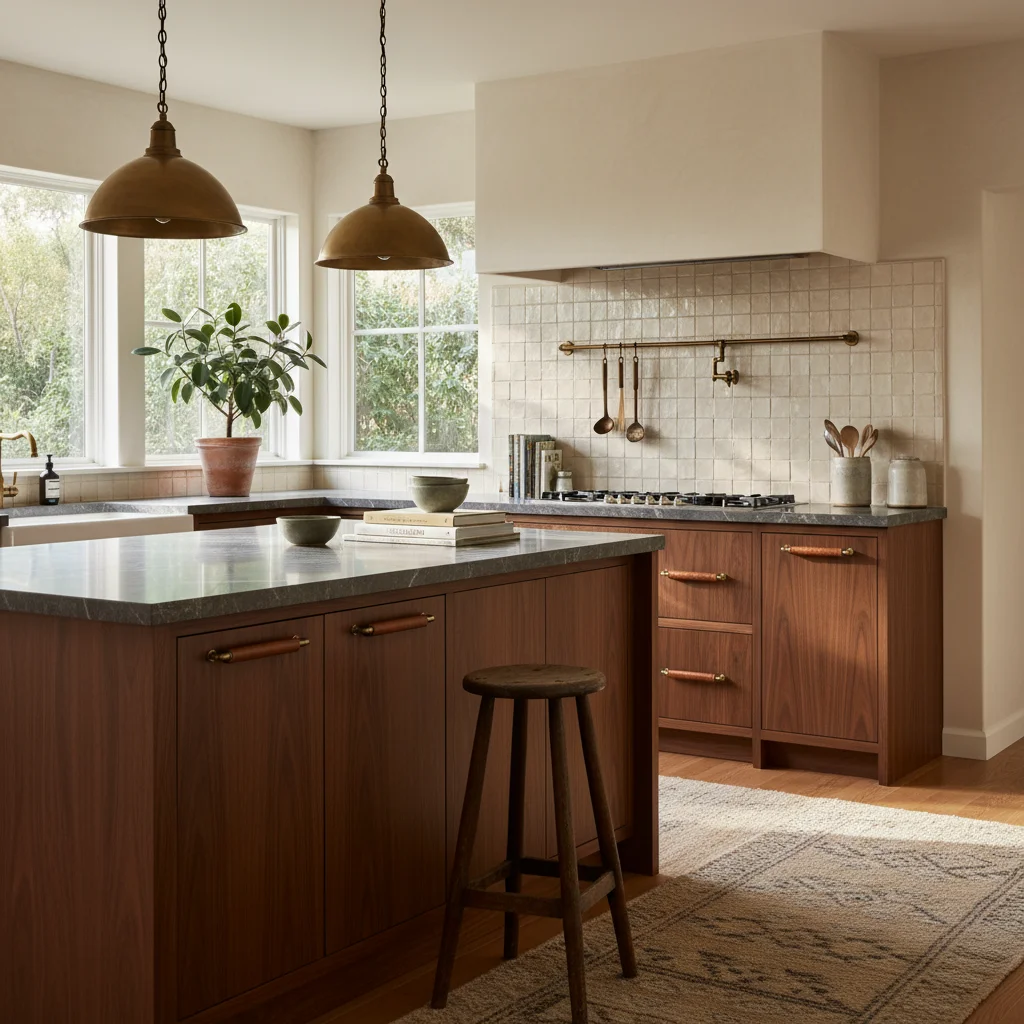 Stanford-area kitchen with soapstone island and zellige backsplash