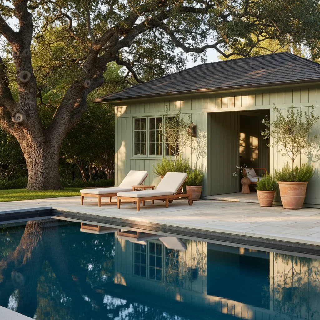 Woodside pool house with sage board-and-batten siding